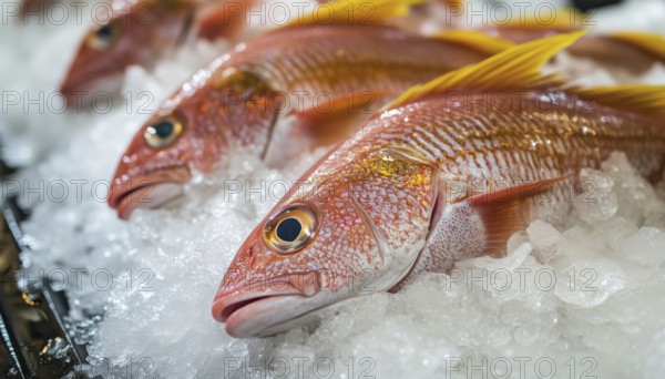 Fresh Goatfish, Red Mullets, And Surmullets Resting On Ice In A Fish Shop Or Market. Gorgeous