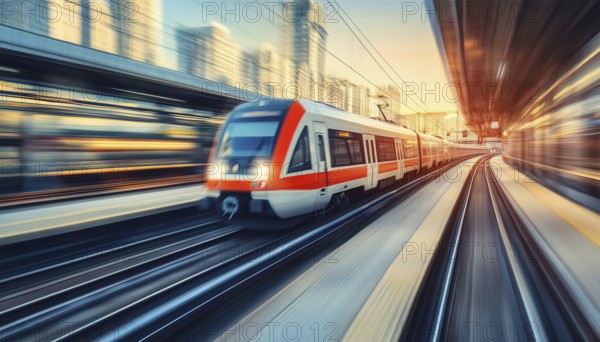 Motion Blur Effect Transportation: City Train Drives On Railroad At The Platform Train Station On A
