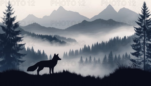 Majestic Fox Standing On Hill In Misty Landscape With Mountains And Forest - Magical Gray