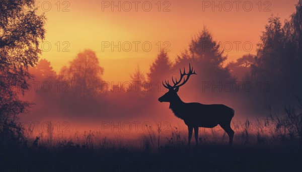 Ethereal Deer Silhouette On Meadow In Enchanted Forest: Magical Misty Landscape With Trees, Grass,