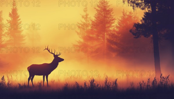 Silhouette Of Deer Standing In Meadow In Forest: Animal, Trees, Grass. Magical Misty Landscape With
