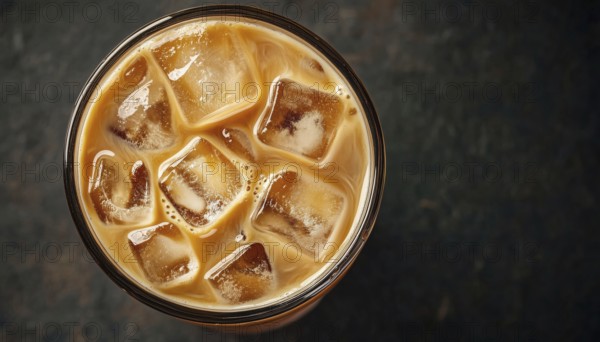 Top-Down View Of Iced Milk Coffee On Black Background: Close-Up Of Refreshing Drink Served Cold And