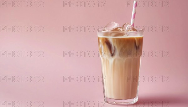 Refreshing Pink Glass Of Iced Coffee Milk. Delicious Cold Beverage To Enjoy On A Hot Day. Perfect