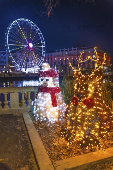 Luminous christmas decorations featuring a reindeer and a penguin stand by the nive river with a