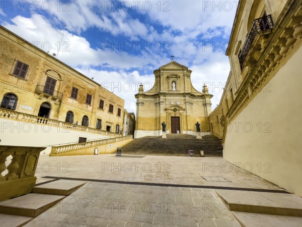 View of the forecourt and steps in front of St Marija's Cathedral in Gozo Citadel, Ir-Rabat