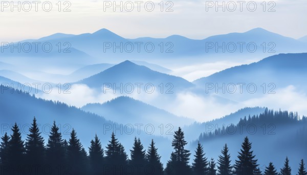 Pine Trees Forest Fading Into The Distance On Light Blue Mountains In Dense Fog - A Beautiful Scene