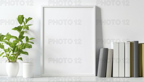 Bright White Frame Mockup Displayed On A Bookshelf - Minimalist Design With A Fresh, Clean