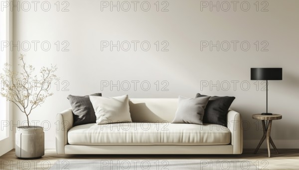 Sophisticated Living Room Interior Featuring Table Lamp Above Beige Sofa And Side Table On Empty