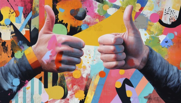 Modern Art Collage Featuring Thumbs Up Gestures By Hands On A Memphis Design Poster. Exploring The