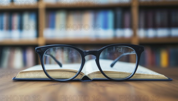 Education: Close-Up Shot Of Eyeglasses Resting On Wooden Desk Next To Book In Library, Symbolizing
