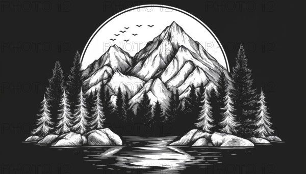 Exploring The Serene Beauty Of The Forest Mountain In Mono Art: A Badge Patch Pin Graphic Art