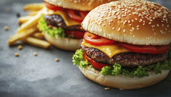 Close-Up View Of Two Large, Delicious Burgers And French Fries On A Gray Background. Side View