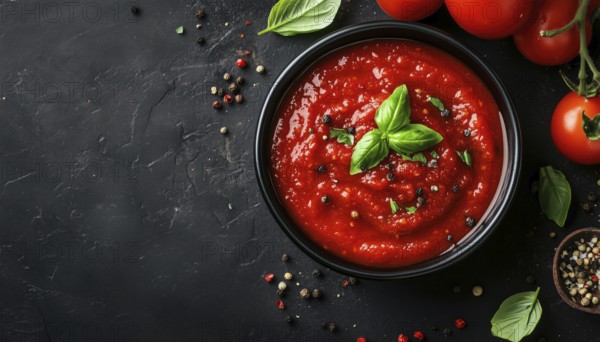 Classic Italian Tomato Sauce With Fresh Basil And Peppercorns On A Dark Background With Ingredients