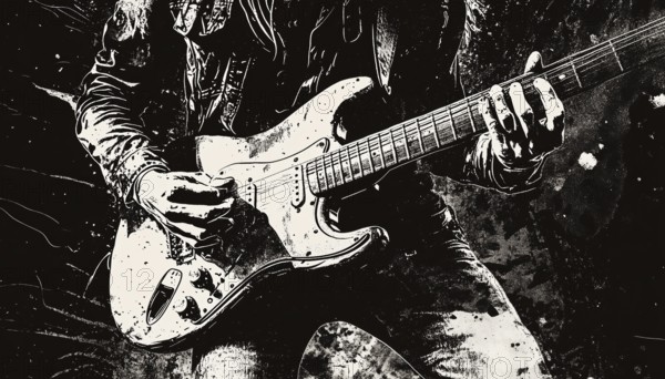 Monochrome Rockstar Musician Guitar And Drum In Mezzotint Photocopy Effect For Grunge Punk Y2k