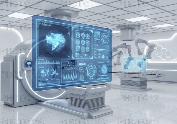 High-tech medical imaging lab with two PET-CT scanners, robotic arms, and a large holographic