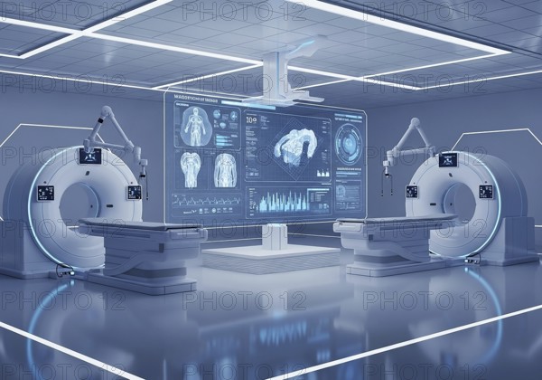 High-tech medical imaging lab with two PET-CT scanners, robotic arms, and a large holographic