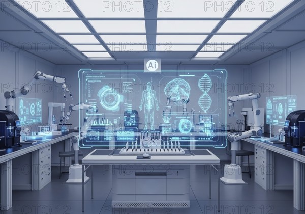 High-tech medical imaging lab with two PET-CT scanners, robotic arms, and a large holographic