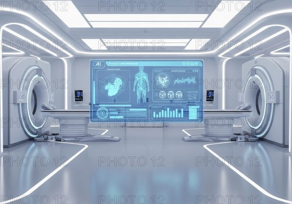 High-tech medical imaging lab with two PET-CT scanners, robotic arms, and a large holographic
