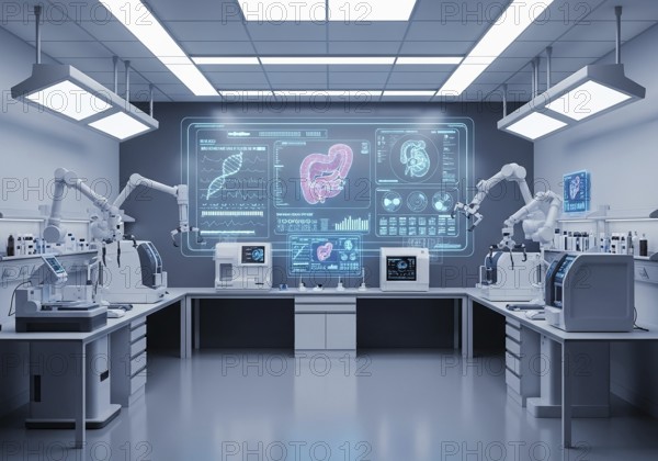 High-tech medical imaging lab with two PET-CT scanners, robotic arms, and a large holographic