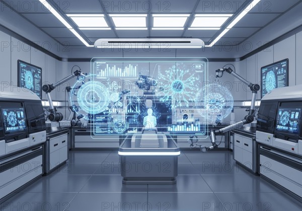 High-tech medical imaging lab with two PET-CT scanners, robotic arms, and a large holographic