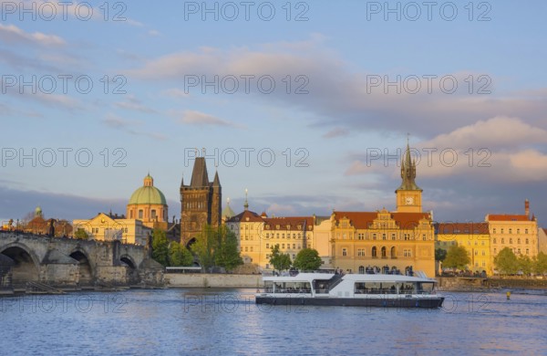 View of old town with Charles Bridge (Karluv Most) on Vltava river and Old Town Bridge Tower,