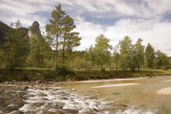View of the Kofel, mountain, river, water, Oberammergau, Catholic, Ammergau, Ammergau Alps, Upper