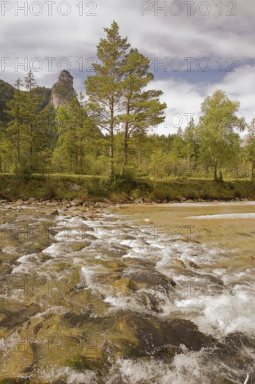 View of the Kofel, mountain, river, Oberammergau, Catholic, Ammergau, Ammergau Alps, Upper Bavaria,