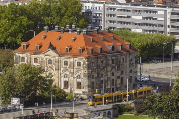 View from the lantern of the Church of Our Lady. Neustädter market with Augustus bridge, DVB tram