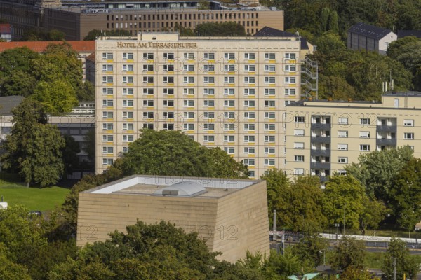 View from the lantern of the Church of Our Lady to the new synagogue and hotel on the