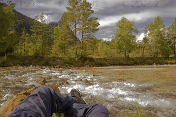 Relaxing on the Ammer near Oberammergau, Kofel, tourism, Alps, mountains, Ammergau, Ammergau Alps,
