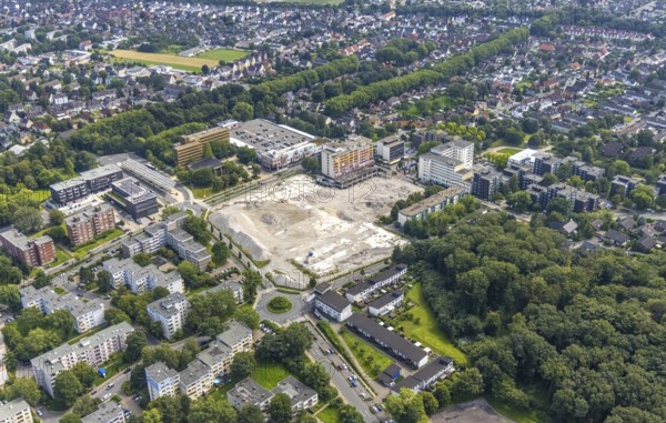 Aerial view, town hall and town hall square as well as construction site with demolition of the