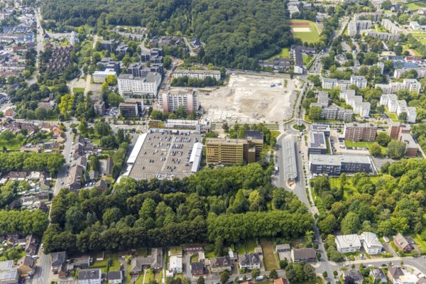 Aerial view, town hall and construction site with demolition of the former tower mall in