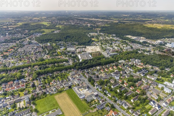 Aerial view, town hall and construction site with demolition of the former tower mall in