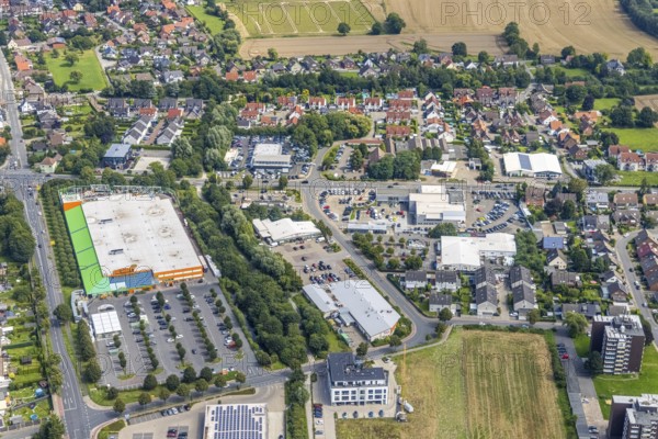 Aerial view, Globus DIY store and Rewe supermarket in Bergkamen, Ruhr area, North Rhine-Westphalia,