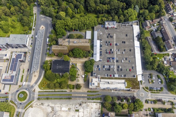Aerial view, town hall and bus station in Schönhausen, Bergkamen, Ruhr area, North
