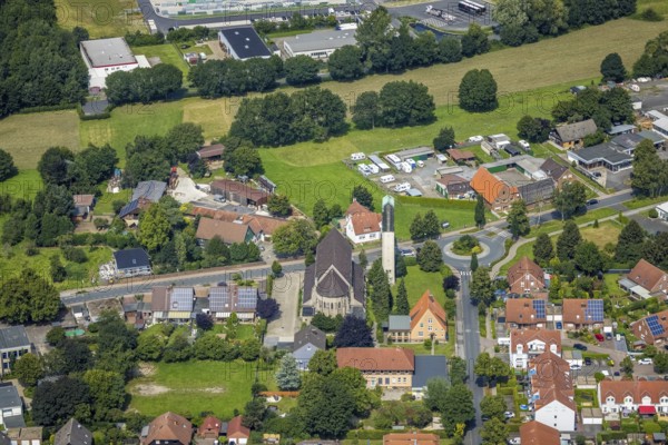 Aerial view, Catholic Church of the Sacred Heart of Jesus in Rünthe, Bergkamen, Ruhr area, North