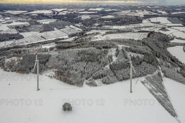 Aerial view of the snowy landscape near Berlarin Bestwig in Sauerland, North Rhine-Westphalia,