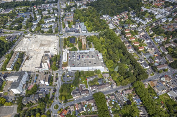 Aerial view, town hall and town hall square as well as construction site with demolition of the