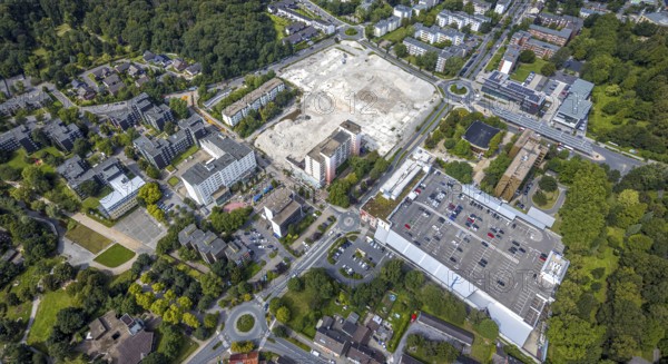 Aerial view, town hall and town hall square as well as construction site with demolition of the