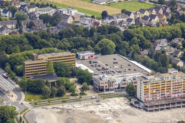 Aerial view, town hall and town hall square as well as construction site with demolition of the