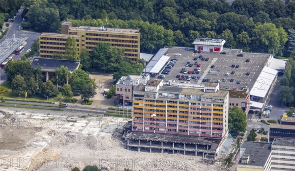 Aerial view, town hall and town hall square as well as construction site with demolition of the