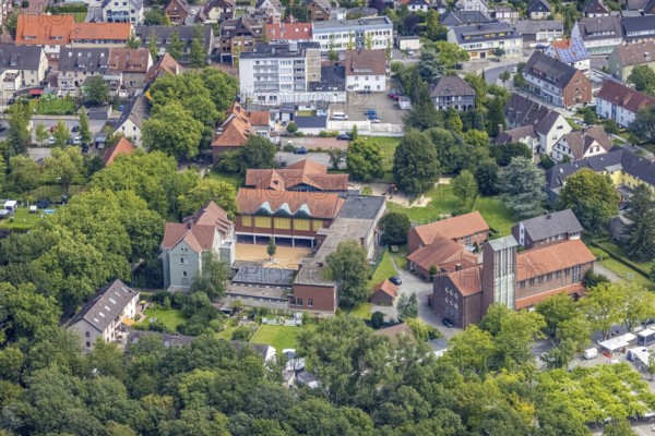 Aerial view, St. Elisabeth Catholic Church and Pestalozzi School and Catholic Kindergarten in