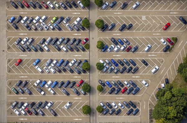 Aerial view, shapes and colours on the car park of Bayer AG in Weddinghofen, Bergkamen, Ruhr area,