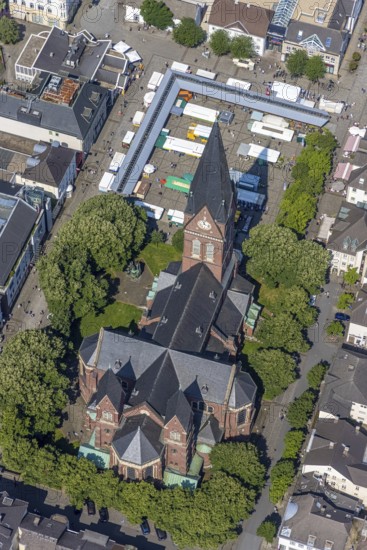 Aerial view, Cathedral of Neheim St. Johannes-Baptist, weekly market market at the Neheim market,