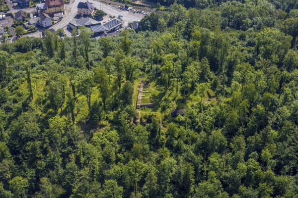 Aerial view, Rüdenburg castle ruins in the forest area, Arnsberg, Sauerland, North