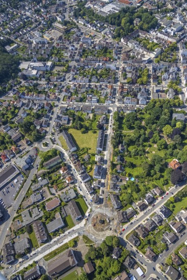Aerial view, construction site and redesign of roundabout Pfarrer-Leo-Reiners-Platz, formerly