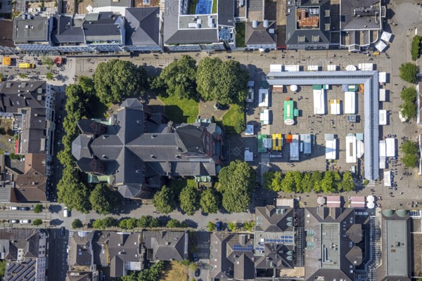 Aerial view, Cathedral of Neheim St. Johannes-Baptist, weekly market market at the Neheim market,