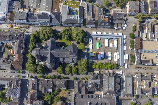 Aerial view, Cathedral of Neheim St. Johannes-Baptist, weekly market market at the Neheim market,