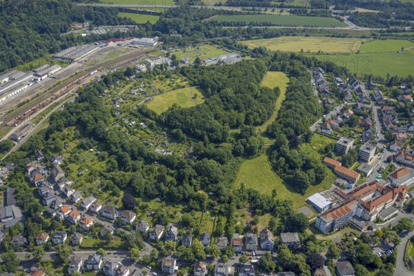 Aerial view, Lüsenberg with allotment garden site, Arnsberg, Sauerland, North Rhine-Westphalia,