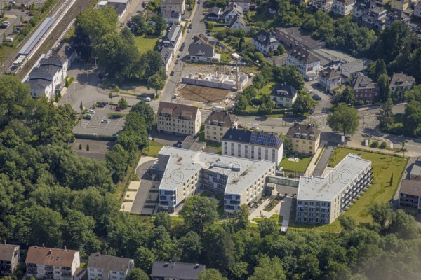 Aerial view, construction site and new building care centre, building complex for assisted living,